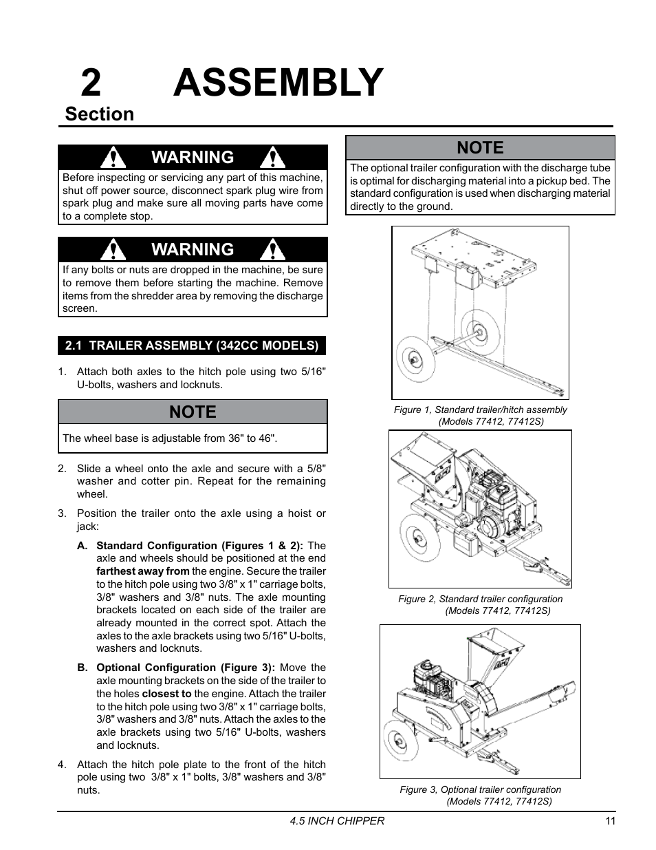 Assembly, 1 trailer assembly (342cc models), 2assembly | Warning | Echo 77412 Owners Manual v.4 User Manual | Page 13 / 43