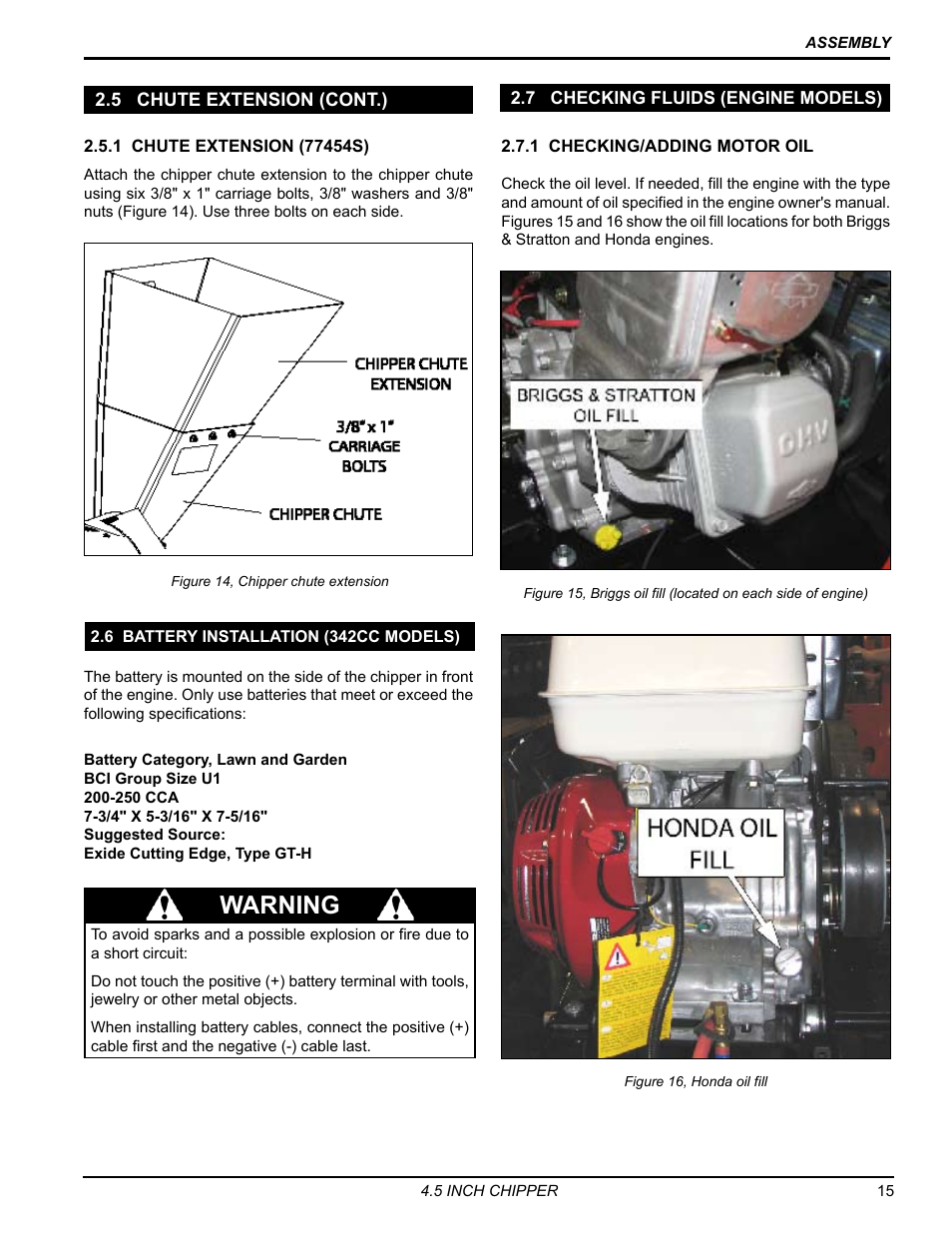 5 chute extension (cont.), 6 battery installation (342cc models), 7 checking fluids (engine models) | Warning | Echo 77412 Owners Manual v.4 User Manual | Page 17 / 43