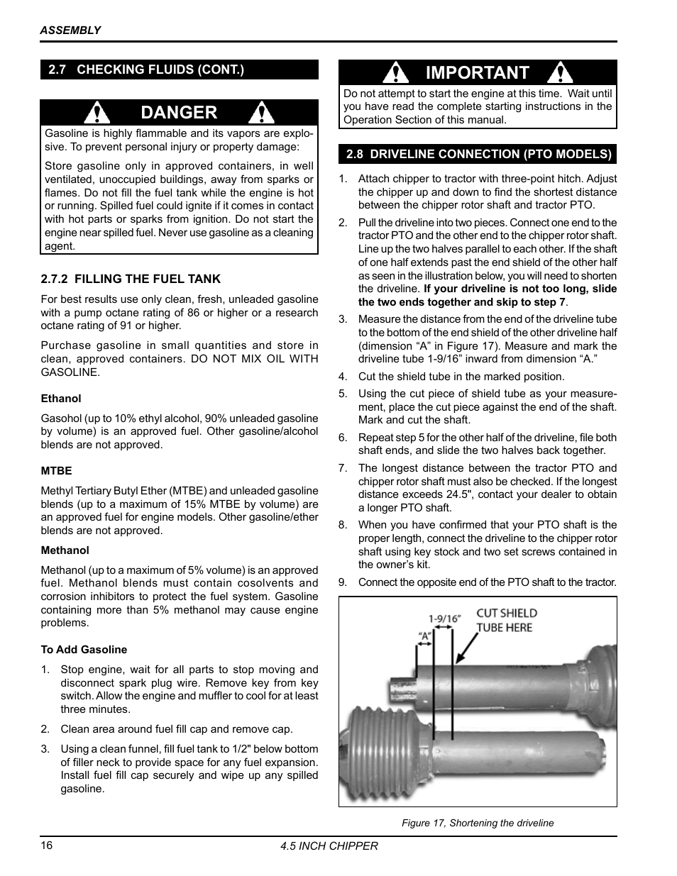 7 checking fluids (cont.), 8 driveline connection (pto models), Danger | Important | Echo 77412 Owners Manual v.4 User Manual | Page 18 / 43