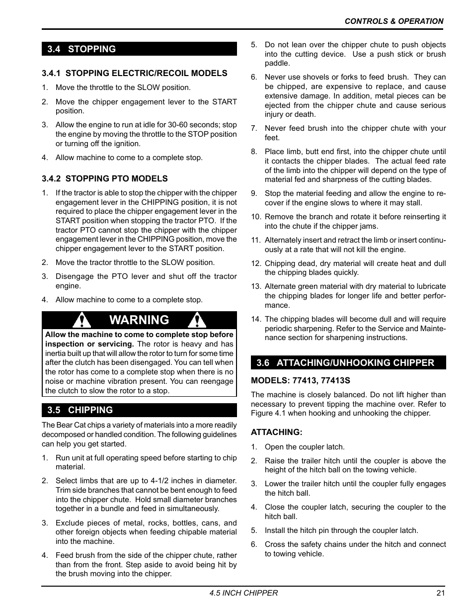 4 stopping, 5 chipping, 6 attaching/unhooking chipper | Warning | Echo 77412 Owners Manual v.4 User Manual | Page 23 / 43