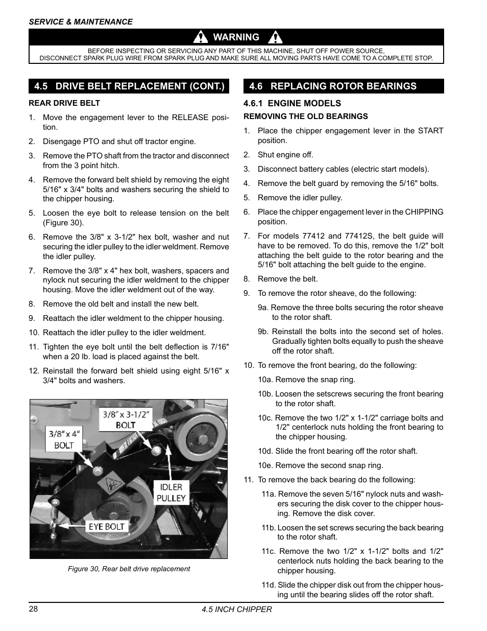 5 drive belt replacement (cont.), 6 replacing rotor bearings | Echo 77412 Owners Manual v.4 User Manual | Page 30 / 43