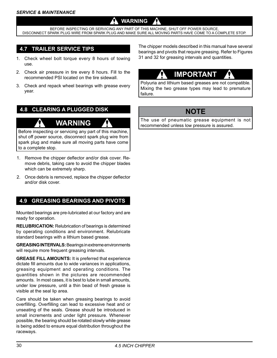 7 trailer service tips, 8 clearing a plugged disk, 9 greasing bearings and pivots | Important, Warning | Echo 77412 Owners Manual v.4 User Manual | Page 32 / 43