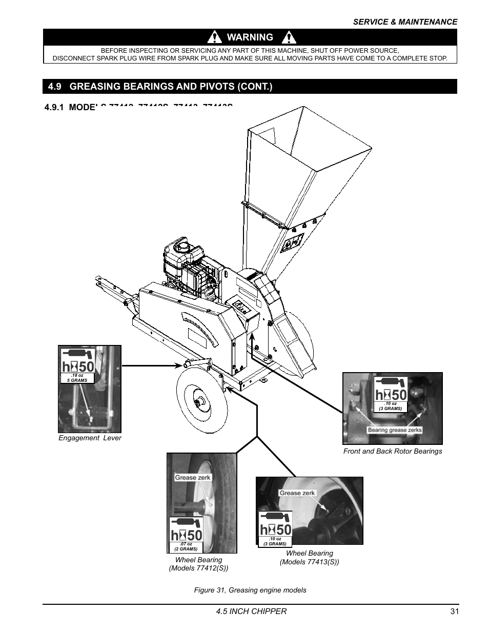 9 greasing bearings and pivots (cont.), Warning | Echo 77412 Owners Manual v.4 User Manual | Page 33 / 43