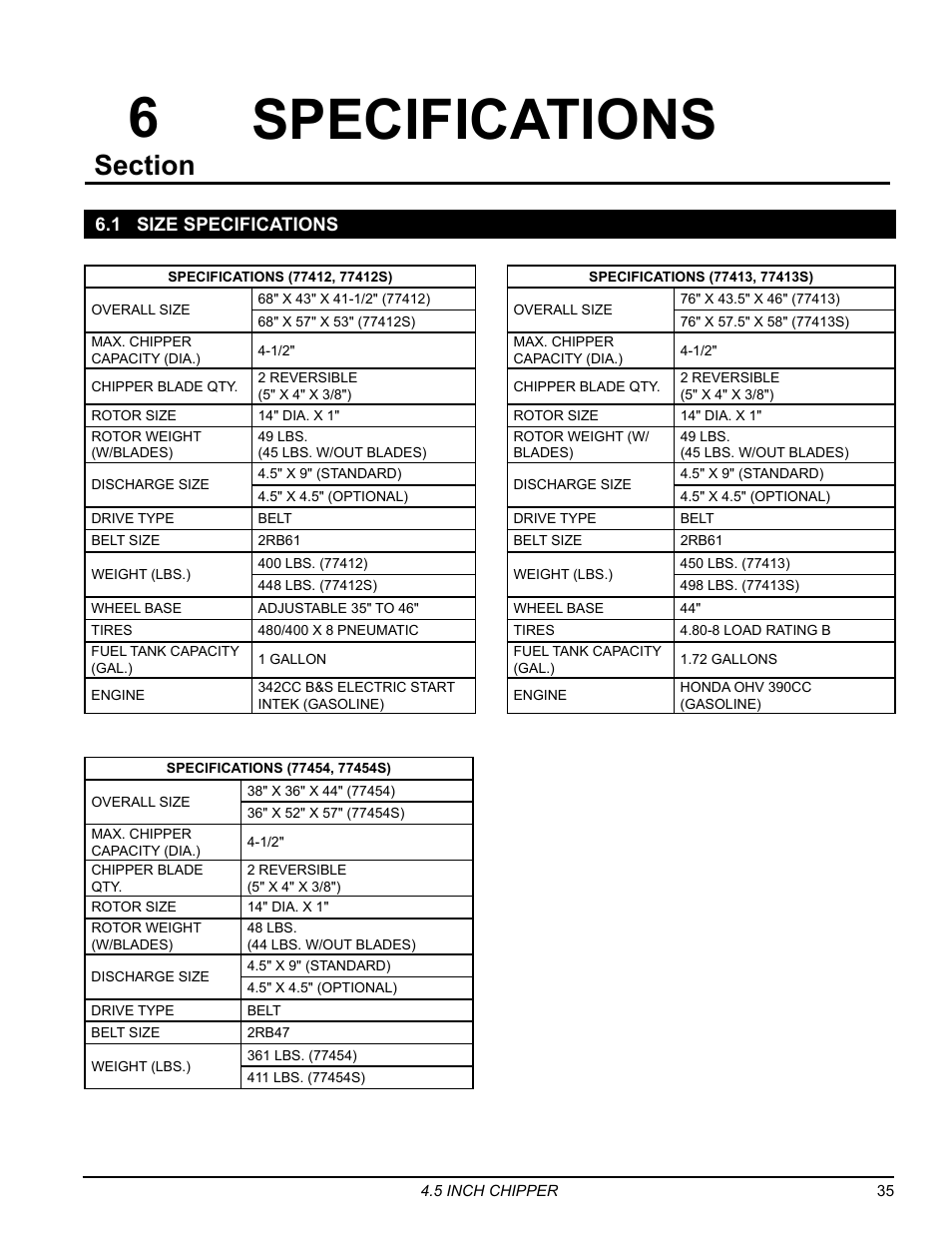 Specifications, 1 size specifications, 6specifications | Echo 77412 Owners Manual v.4 User Manual | Page 37 / 43