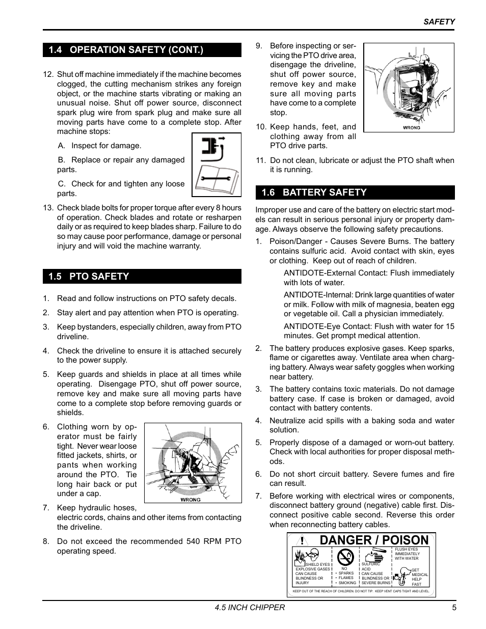 4 operation safety (cont.), 5 pto safety, 6 battery safety | Danger / poison, 4 operation safety (cont.) 1.5 pto safety | Echo 77412 Owners Manual v.4 User Manual | Page 7 / 43