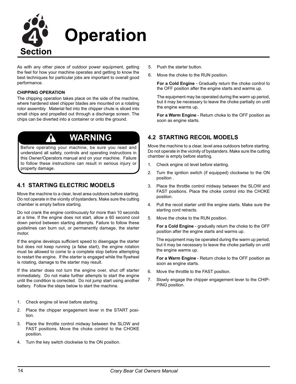 4operation, Warning | Echo 77412 Owners Manual v.3 User Manual | Page 16 / 94