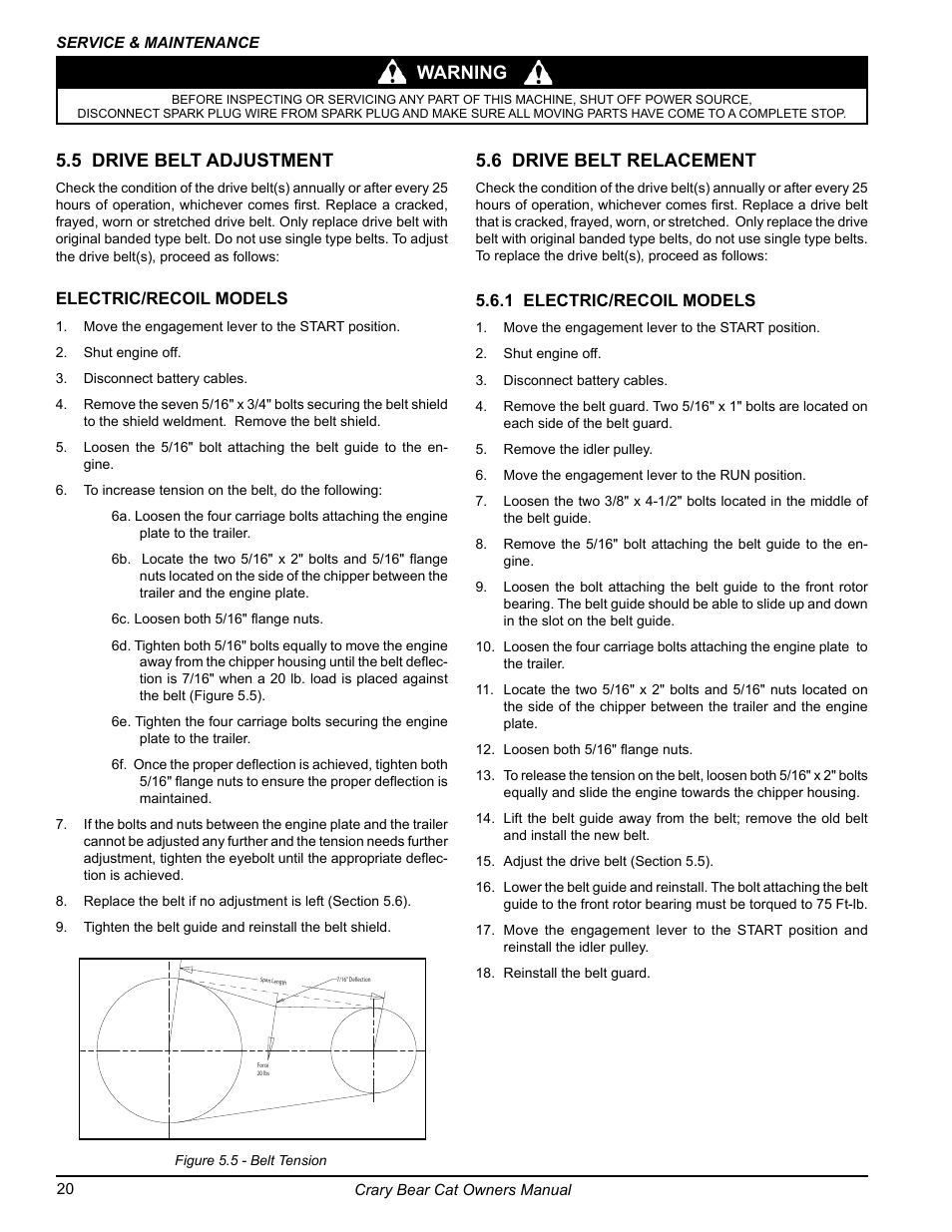 Warning 5.5 drive belt adjustment, 6 drive belt relacement | Echo 77412 Owners Manual v.3 User Manual | Page 22 / 94