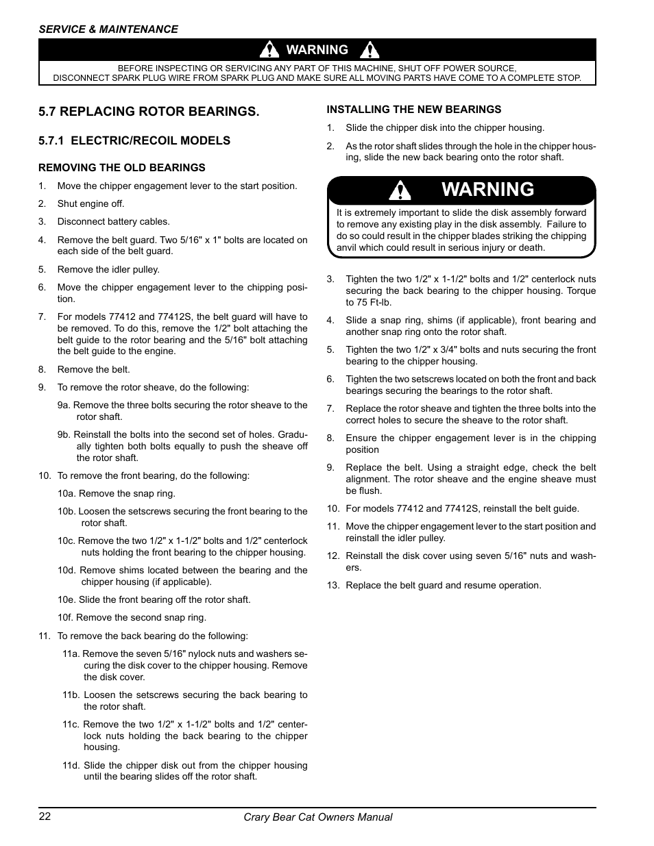 Warning, Warning 5.7 replacing rotor bearings | Echo 77412 Owners Manual v.3 User Manual | Page 24 / 94