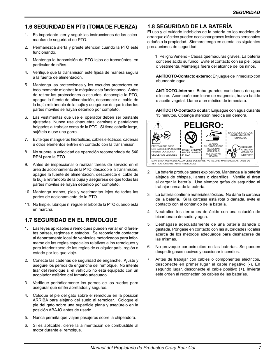 Danger / poison, Peligro, 7 seguridad en el remolque | 8 seguridad de la batería, 6 seguridad en pt0 (toma de fuerza) | Echo 77412 Owners Manual v.3 User Manual | Page 37 / 94