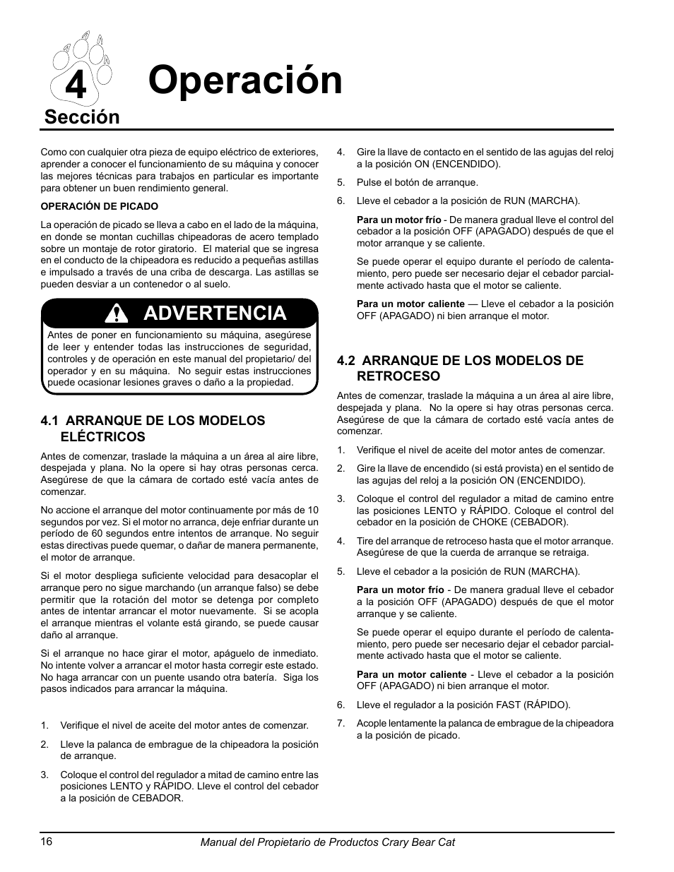 4 operación, Sección, Advertencia | Echo 77412 Owners Manual v.3 User Manual | Page 46 / 94