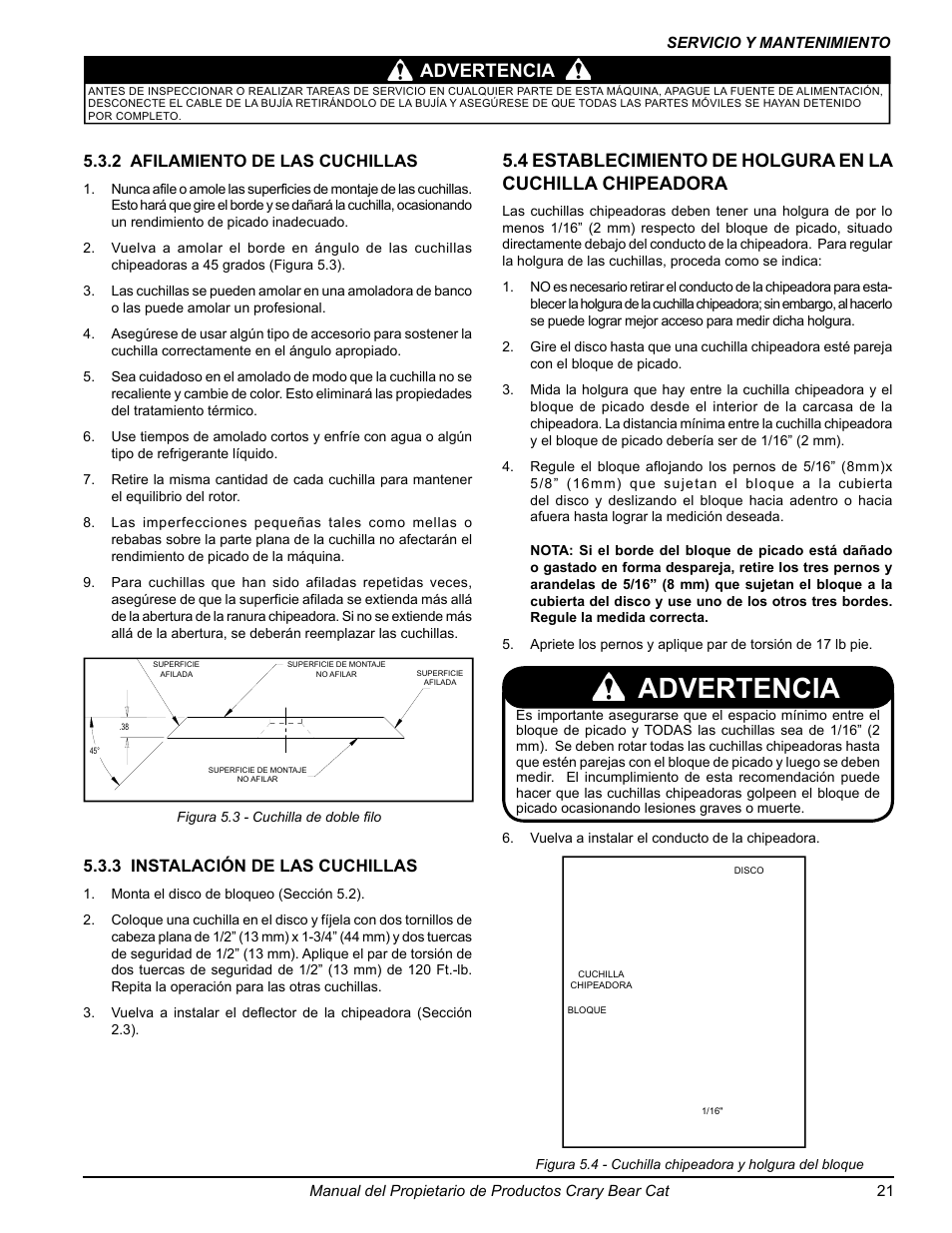 Advertencia, 3 instalación de las cuchillas, 2 afilamiento de las cuchillas | Echo 77412 Owners Manual v.3 User Manual | Page 51 / 94