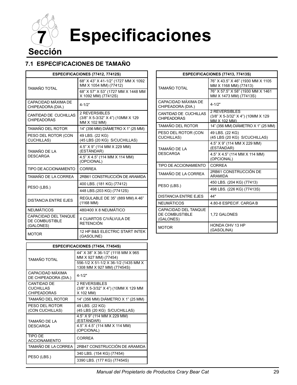 7 especificaciones, Sección, 1 especificaciones de tamaño | Echo 77412 Owners Manual v.3 User Manual | Page 59 / 94