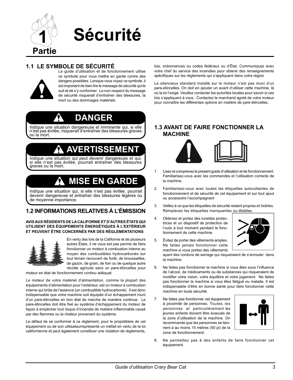 1 sécurité, Partie, Avertissement | Mise en garde, Danger | Echo 77412 Owners Manual v.3 User Manual | Page 65 / 94
