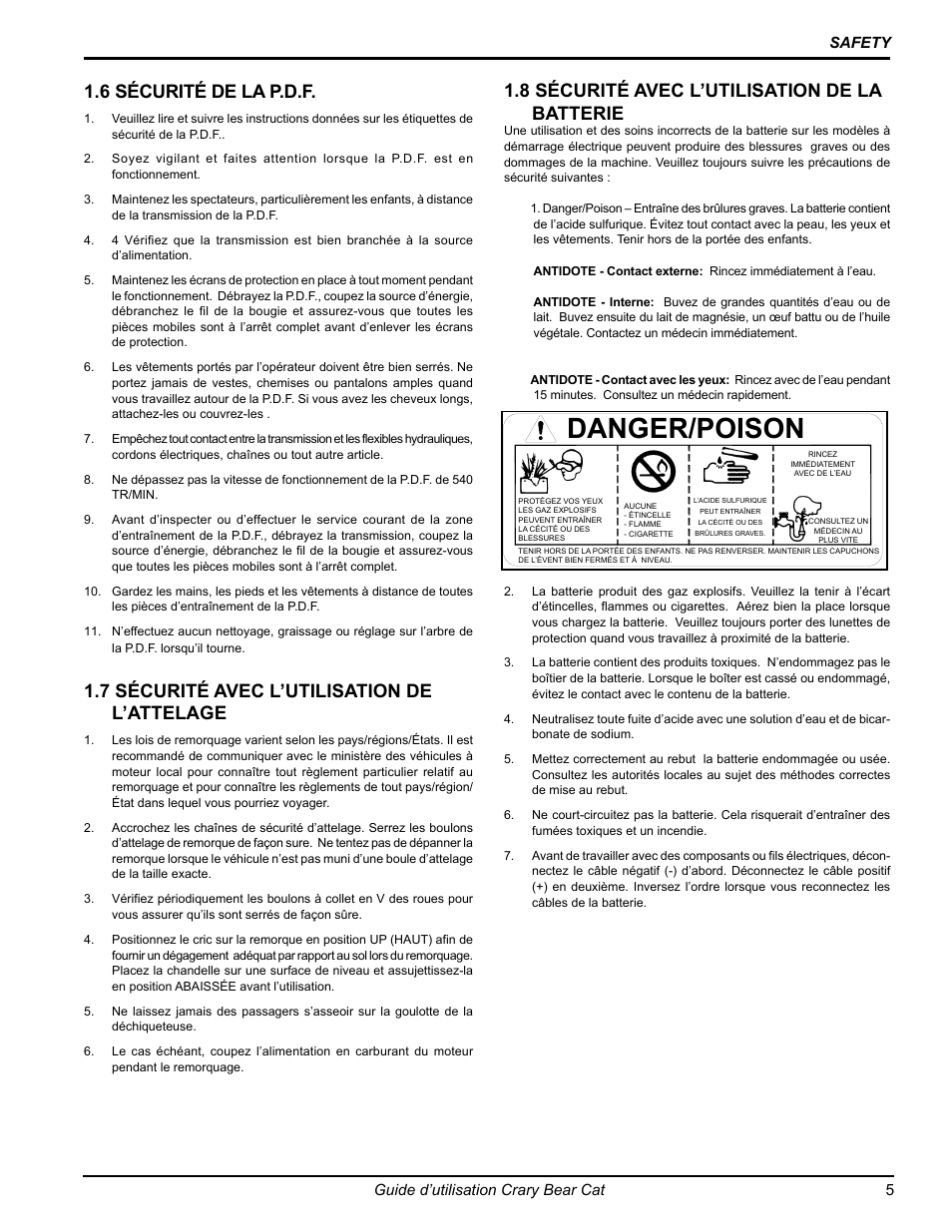 Danger / poison, Danger/poison, 7 sécurité avec l’utilisation de l’attelage | 8 sécurité avec l’utilisation de la batterie, 6 sécurité de la p.d.f, Guide d’utilisation crary bear cat 5 safety | Echo 77412 Owners Manual v.3 User Manual | Page 67 / 94