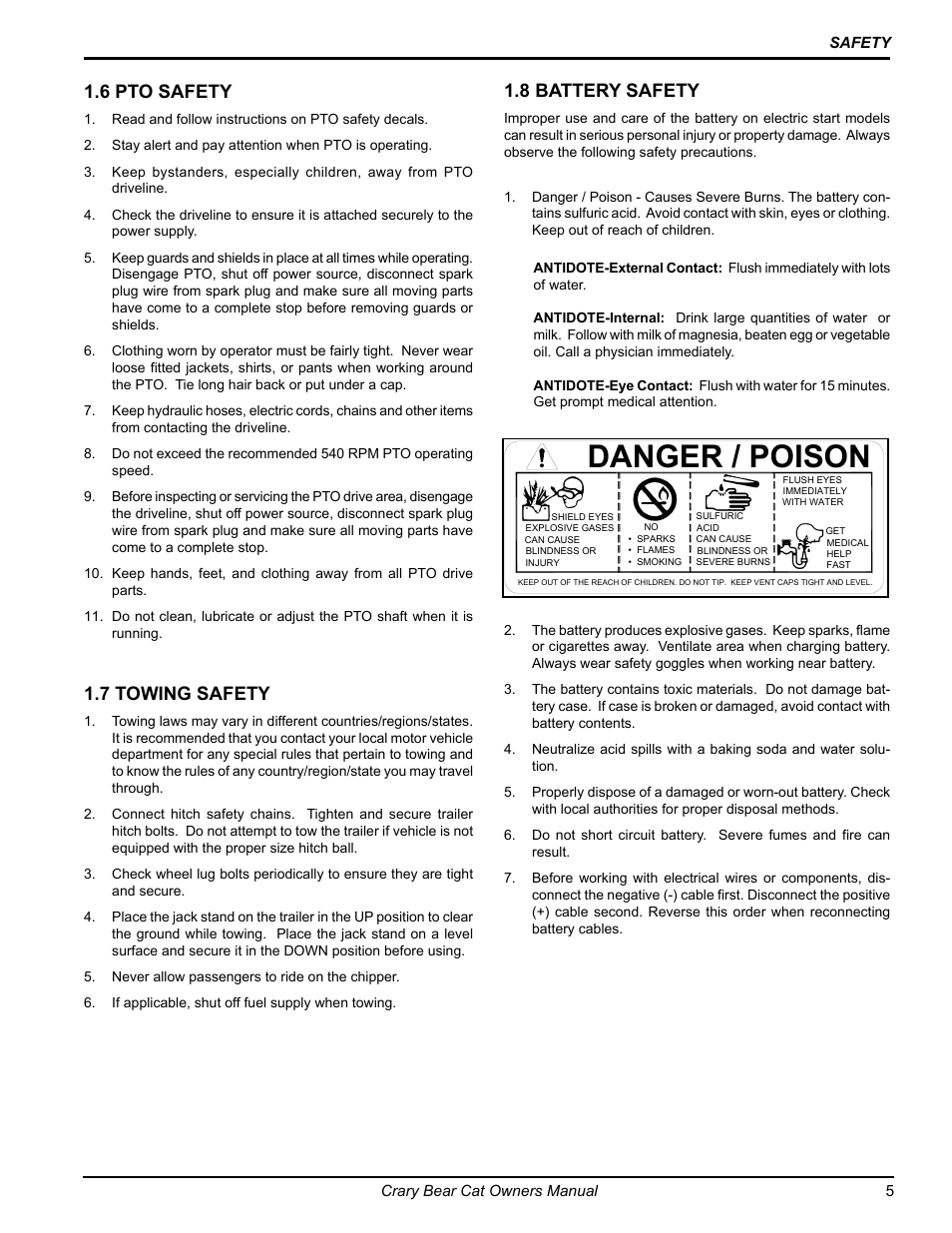 Danger / poison, 7 towing safety, 8 battery safety | 6 pto safety | Echo 77412 Owners Manual v.3 User Manual | Page 7 / 94