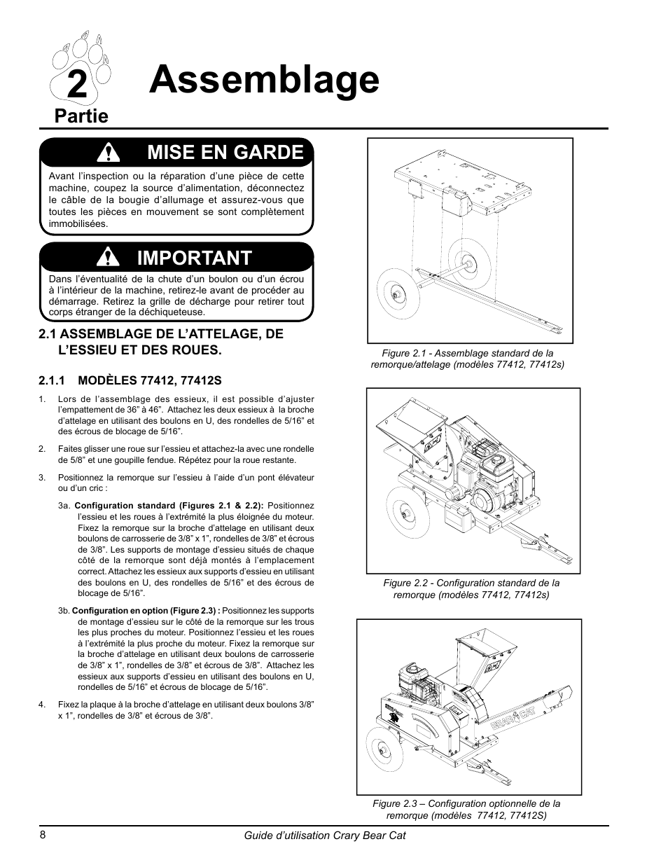 2 assemblage, Partie mise en garde, Important | Echo 77412 Owners Manual v.3 User Manual | Page 70 / 94