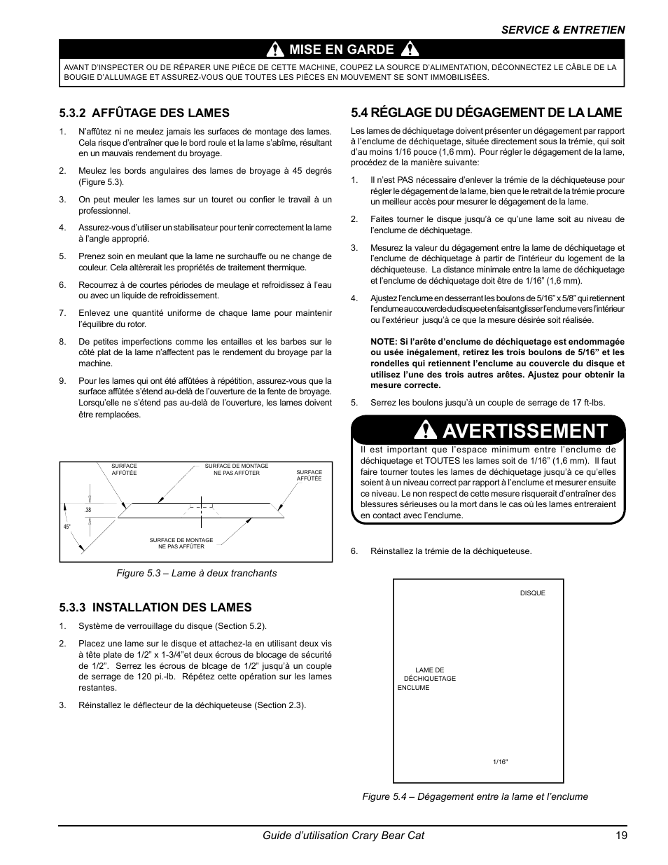 Avertissement, Mise en garde, 4 réglage du dégagement de la lame | 3 installation des lames, 2 affûtage des lames | Echo 77412 Owners Manual v.3 User Manual | Page 81 / 94