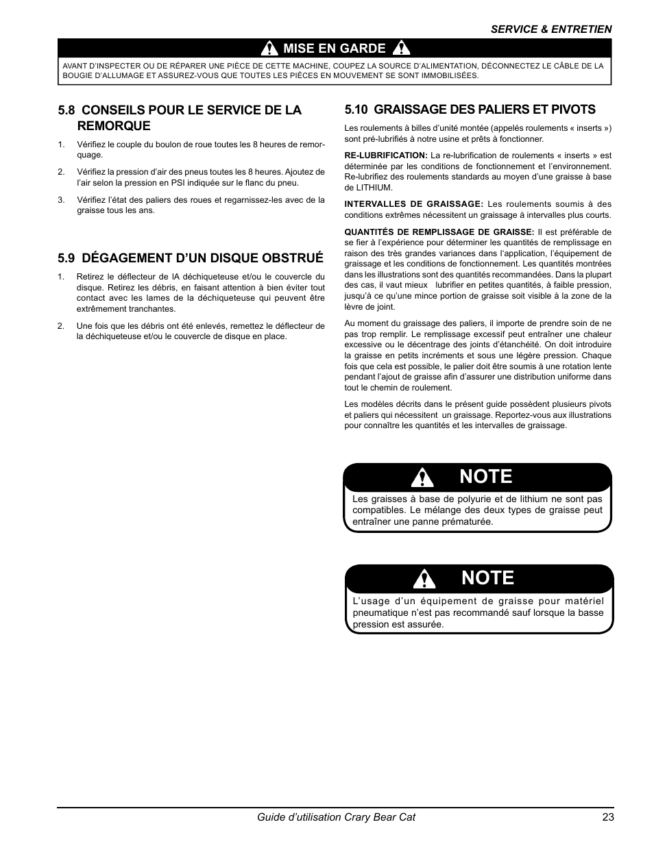 Mise en garde 5.10 graissage des paliers et pivots, 8 conseils pour le service de la remorque, 9 dégagement d’un disque obstrué | Echo 77412 Owners Manual v.3 User Manual | Page 85 / 94