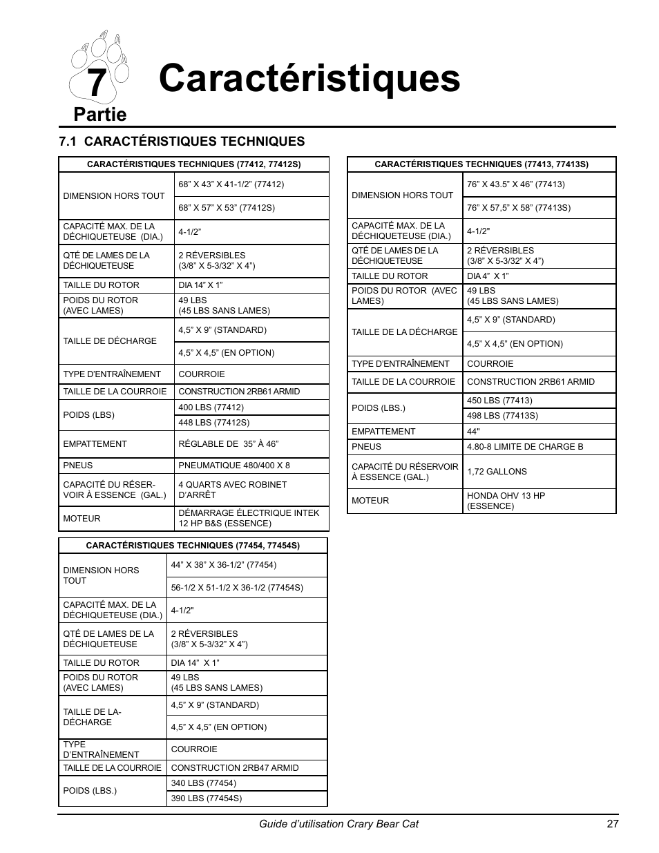 7 caractéristiques, Partie, 1 caractéristiques techniques | Echo 77412 Owners Manual v.3 User Manual | Page 89 / 94