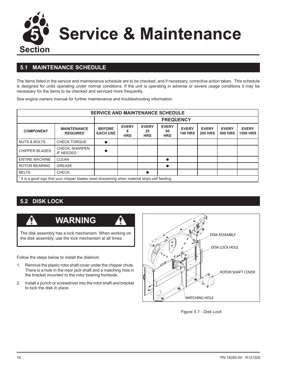 Service & maintenance, Warning, 1 maintenance schedule 5.2 disk lock | Echo 76824 Owners Manual v.1 User Manual | Page 18 / 31