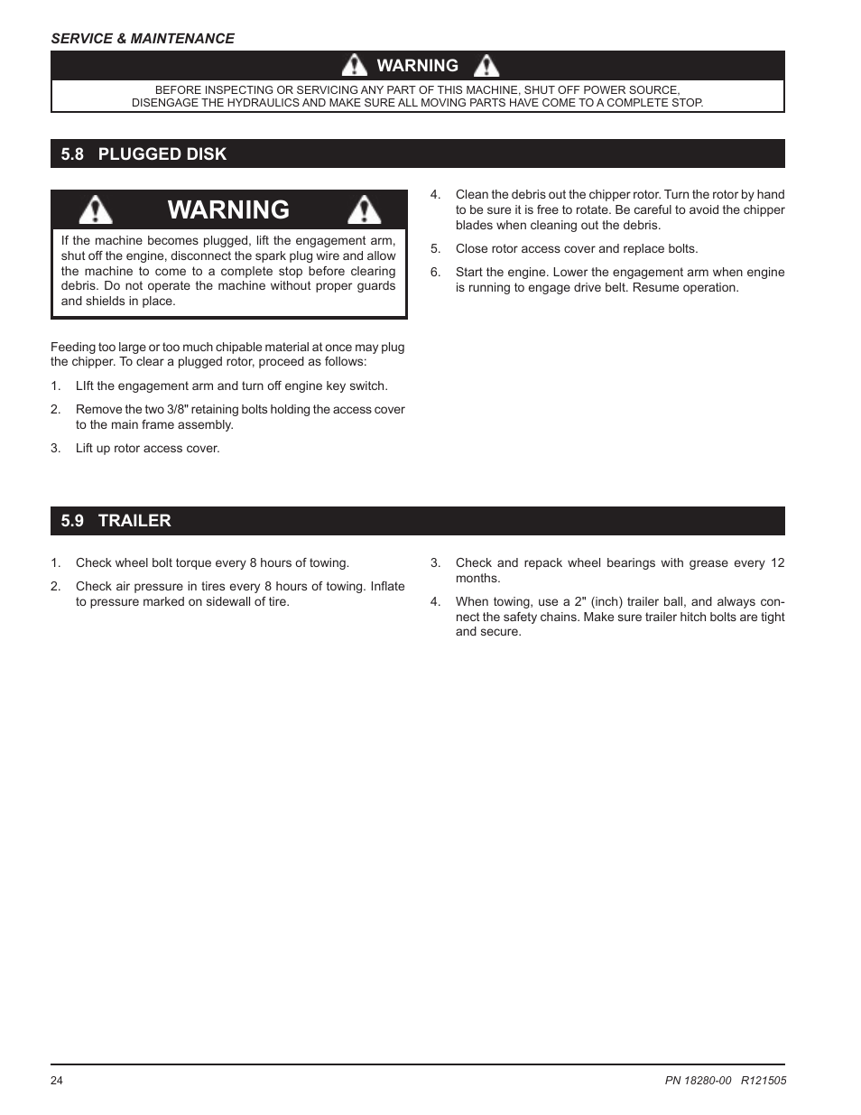 Warning, 9 trailer, 8 plugged disk | Echo 76824 Owners Manual v.1 User Manual | Page 26 / 31