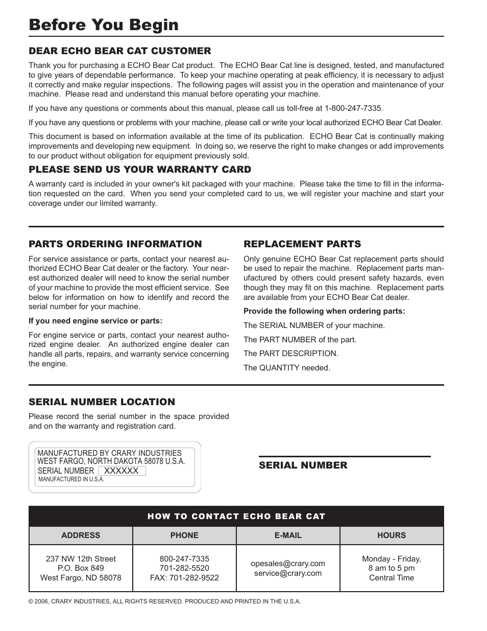 Before you begin | Echo 76624 Owners Manual v.2 User Manual | Page 2 / 32