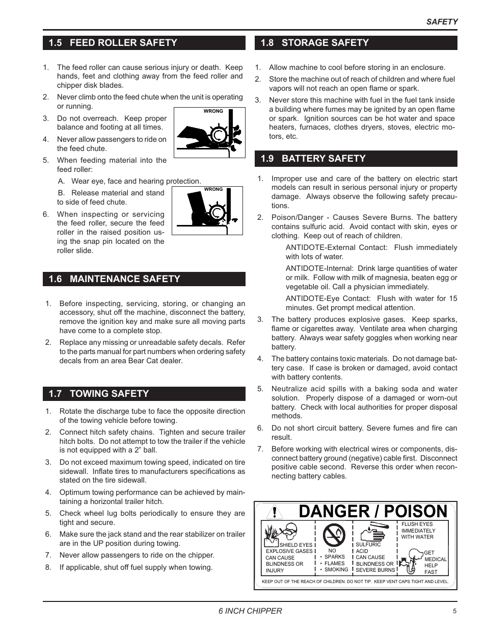 Danger / poison, 5 feed roller safety, 6 maintenance safety 1.8 storage safety | 7 towing safety, 9 battery safety | Echo 76624 Owners Manual v.2 User Manual | Page 7 / 32