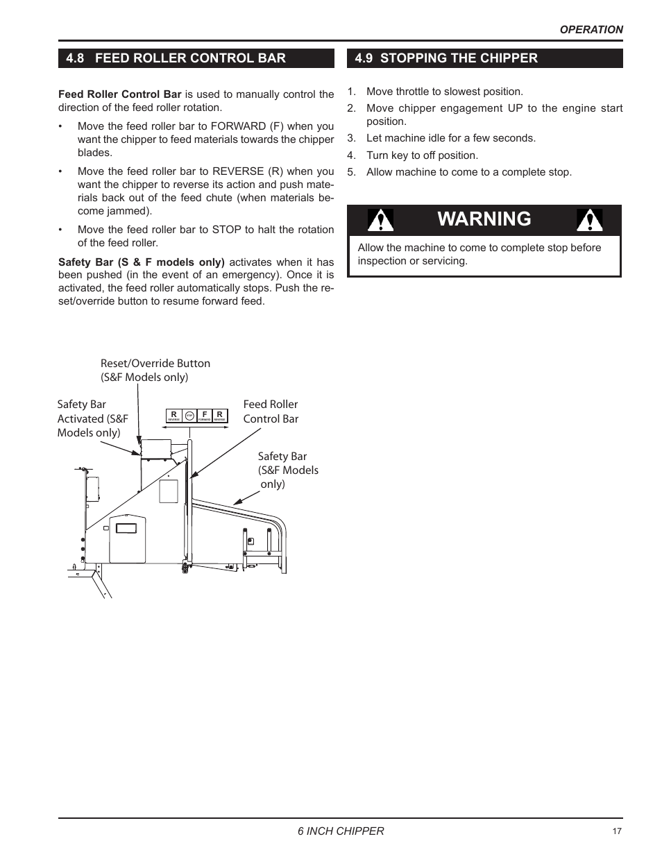 Warning, 8 feed roller control bar, 9 stopping the chipper | Echo 76624 Owners Manual v.1 User Manual | Page 19 / 33