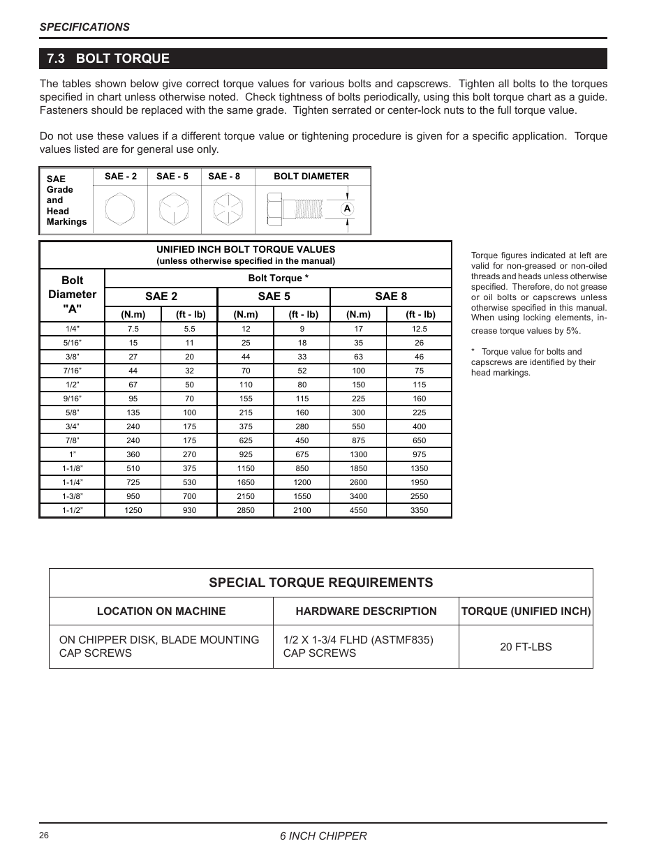 3 bolt torque, Special torque requirements, Sae 2 bolt diameter "a" sae 5 sae 8 | Echo 76624 Owners Manual v.1 User Manual | Page 28 / 33