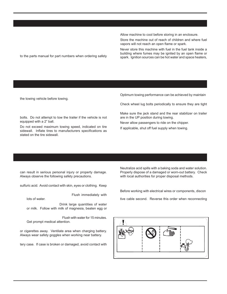 Danger / poison, 7 towing safety, 8 battery safety | 6 maintenance and storage safety | Echo 76628S User Manual | Page 8 / 34