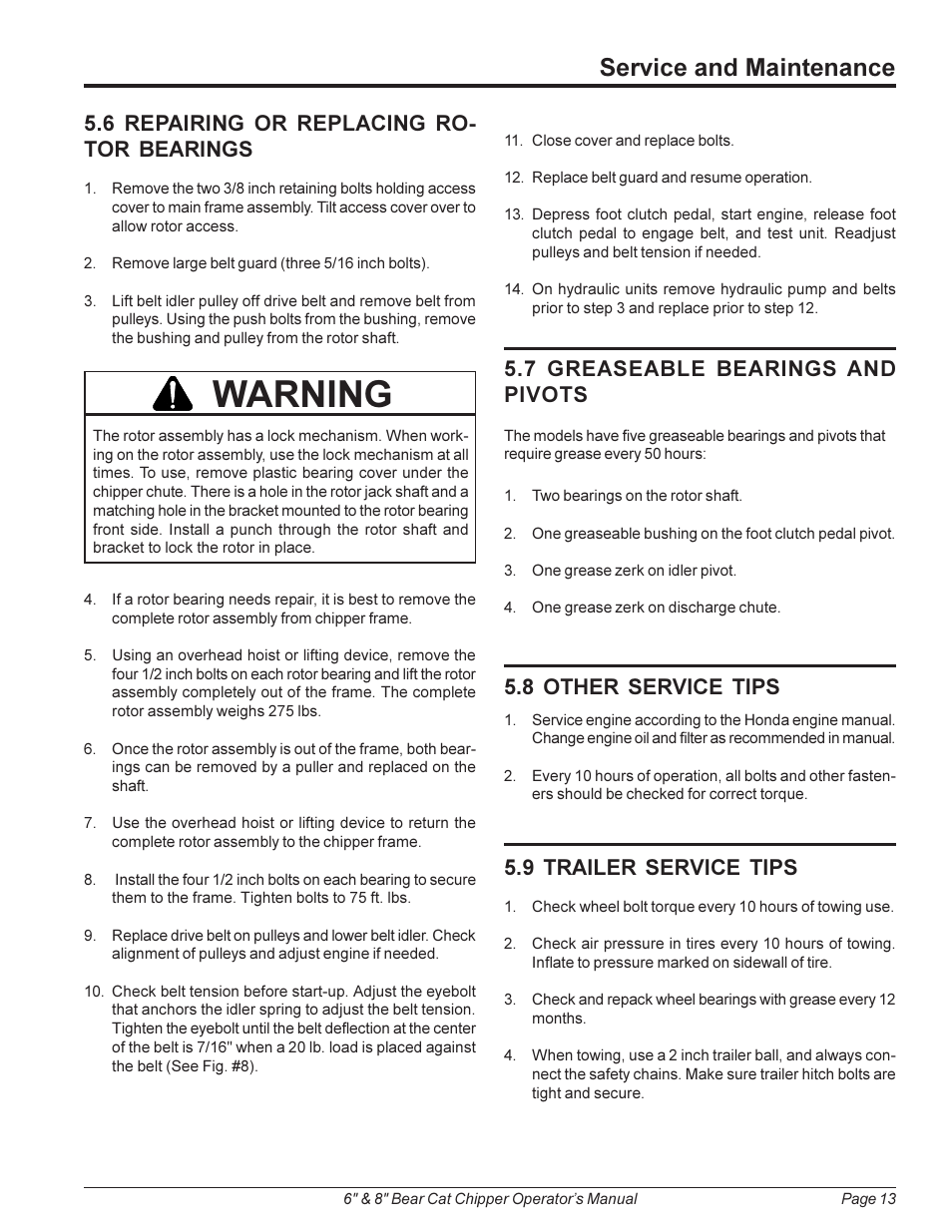 Warning, Service and maintenance, 6 repairing or replacing ro- tor bearings | Echo 74824 Owners Manual v.2 User Manual | Page 17 / 24