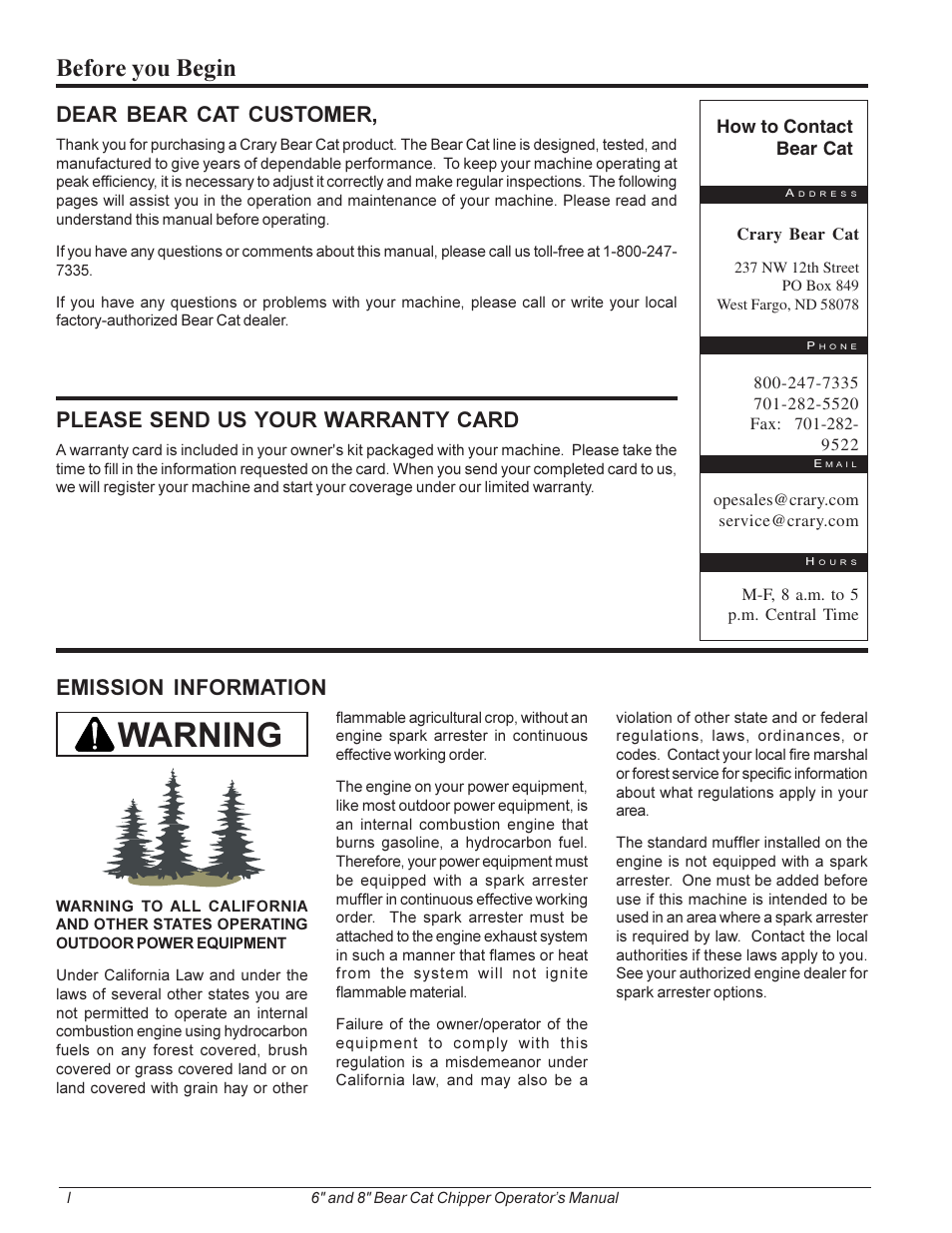 Warning, Before you begin, Dear bear cat customer | Please send us your warranty card, Emission information | Echo 74824 Owners Manual v.2 User Manual | Page 2 / 24