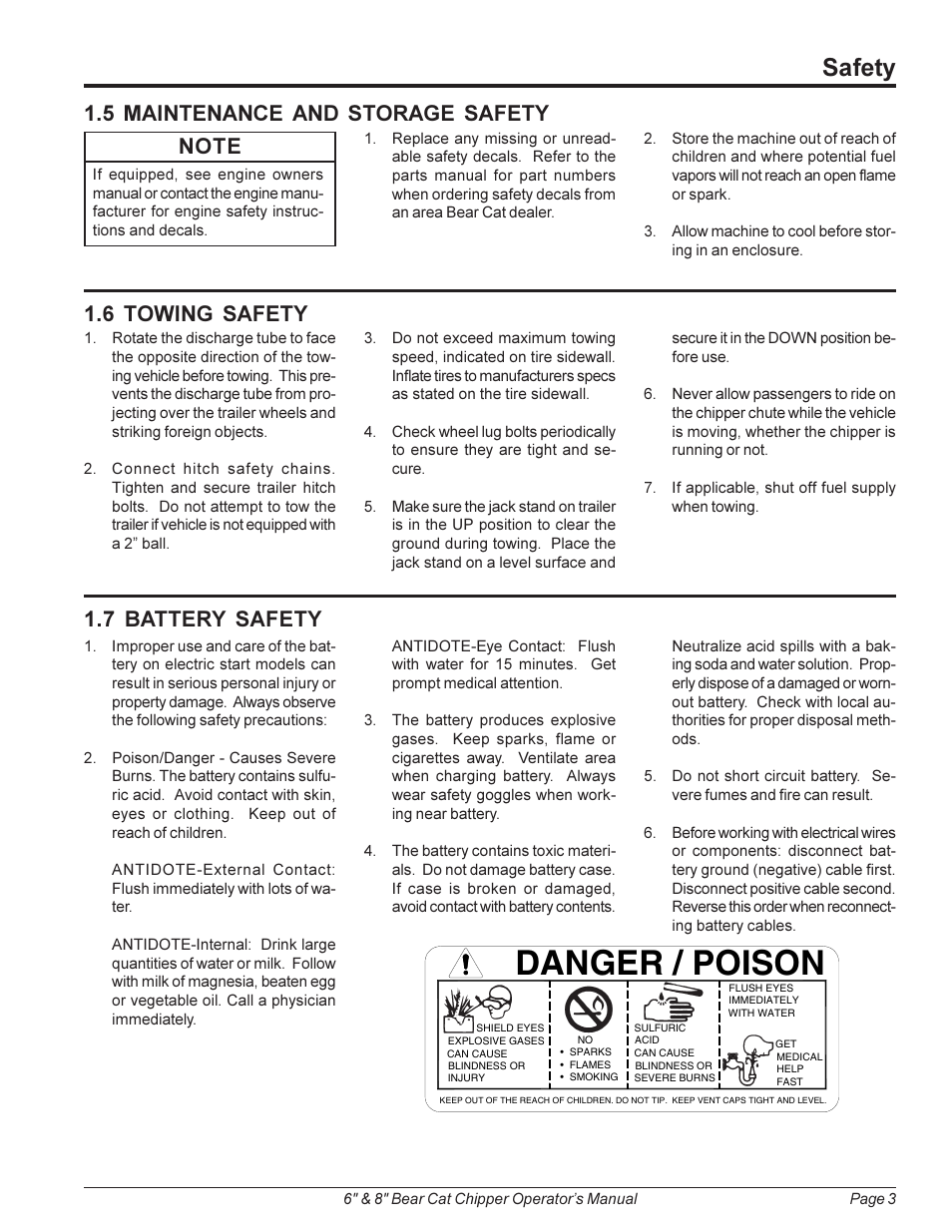 Danger / poison, Safety, 5 maintenance and storage safety | 6 towing safety, 7 battery safety | Echo 74824 Owners Manual v.2 User Manual | Page 7 / 24