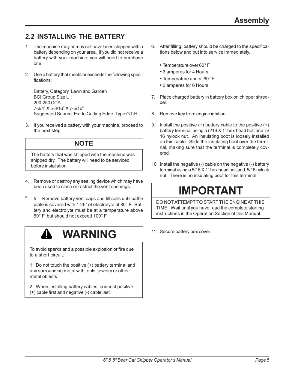 Important, Warning, Assembly | 2 installing the battery | Echo 74824 Owners Manual v.2 User Manual | Page 9 / 24