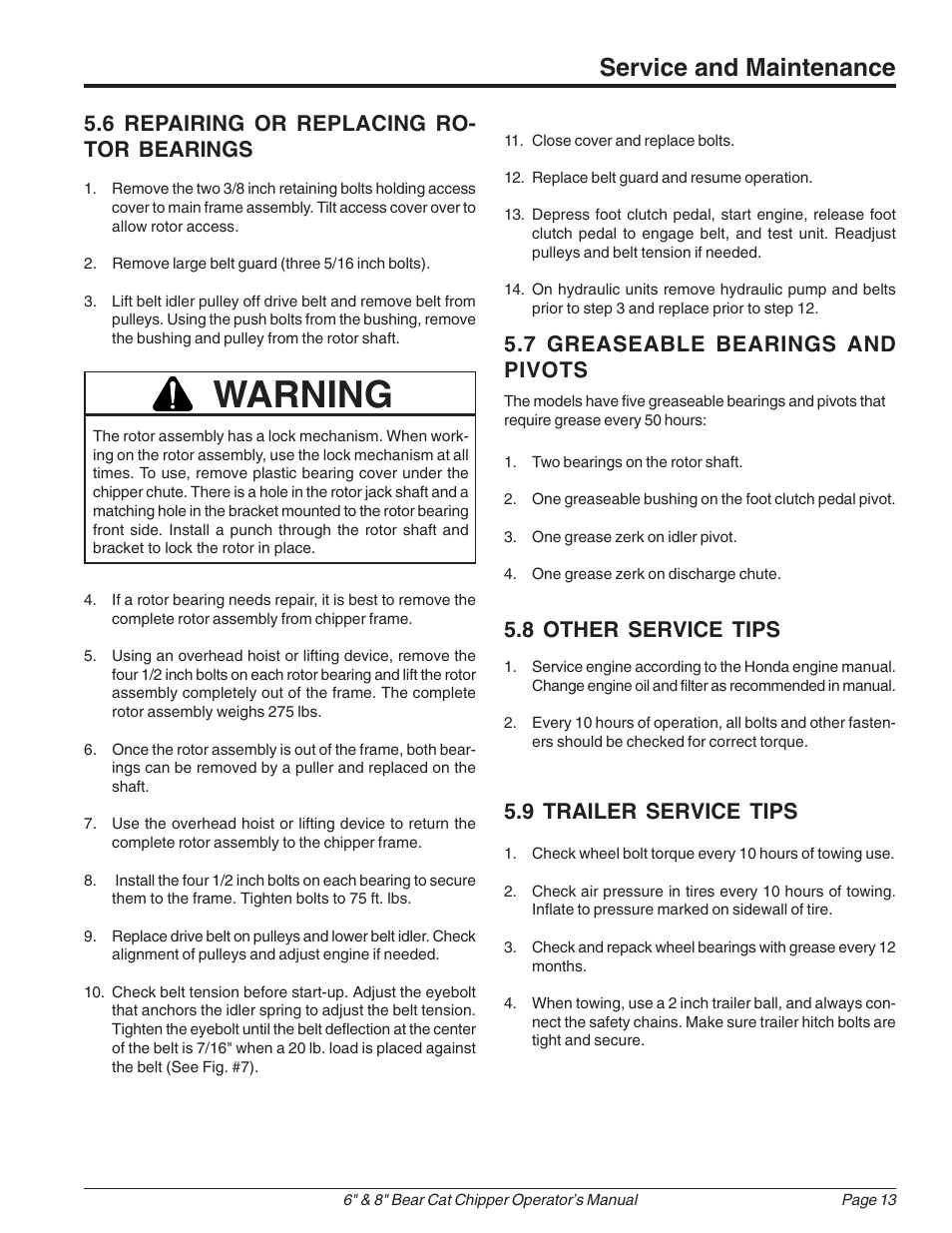 Warning, Service and maintenance, 6 repairing or replacing ro- tor bearings | Echo 74824 Owners Manual v.1 User Manual | Page 17 / 24