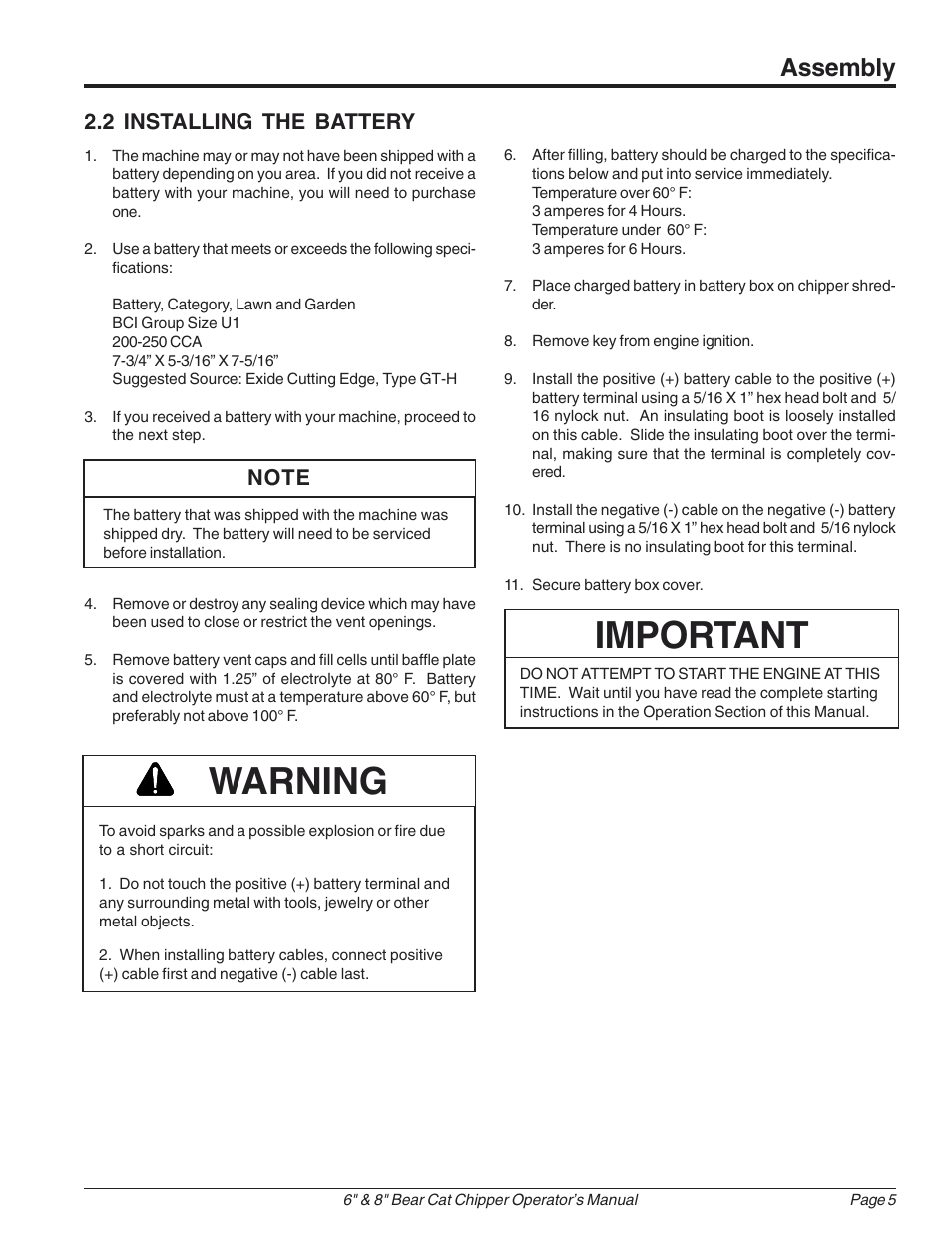 Important, Warning, Assembly | 2 installing the battery | Echo 74824 Owners Manual v.1 User Manual | Page 9 / 24