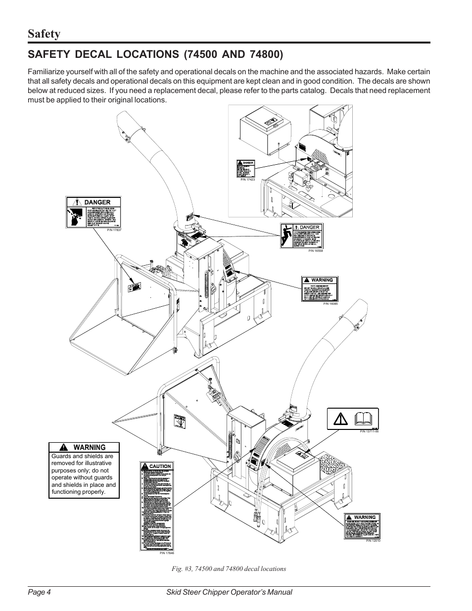Safety decal locations (74500 and 74800), Safety, Page 4 skid steer chipper operator’s manual | Echo 74500 Owners Manual v.2 User Manual | Page 10 / 32