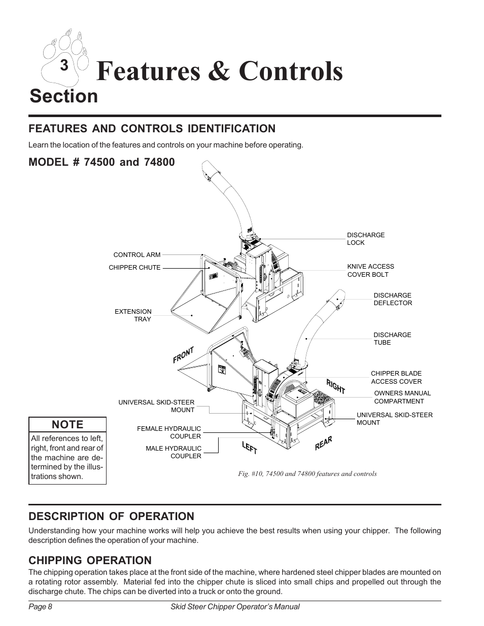 Features and controls identification, Description of operation, Chipping operation | Features & controls | Echo 74500 Owners Manual v.2 User Manual | Page 14 / 32