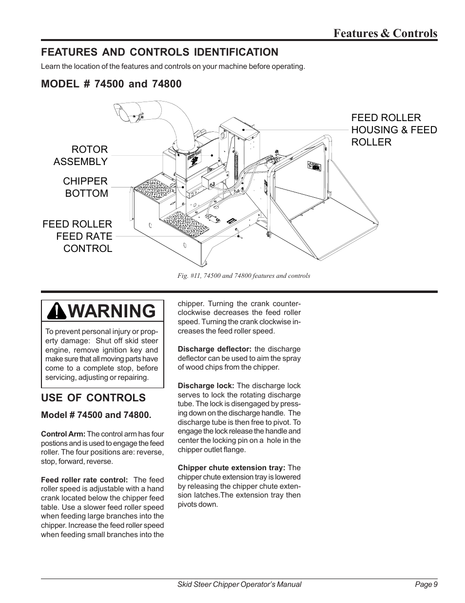 Features & controls, Features and controls identification, Use of controls | Warning | Echo 74500 Owners Manual v.2 User Manual | Page 15 / 32