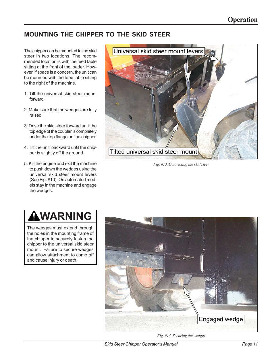 Mounting the chipper to the skid steer, Warning, Operation | Echo 74500 Owners Manual v.2 User Manual | Page 17 / 32