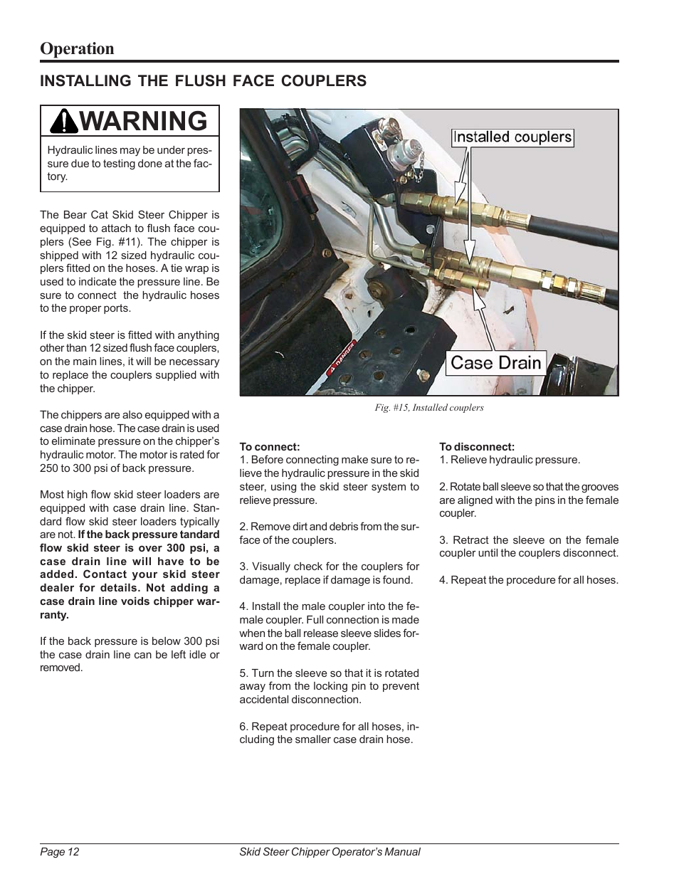 Installing the flush face couplers, Warning, Operation | Echo 74500 Owners Manual v.2 User Manual | Page 18 / 32