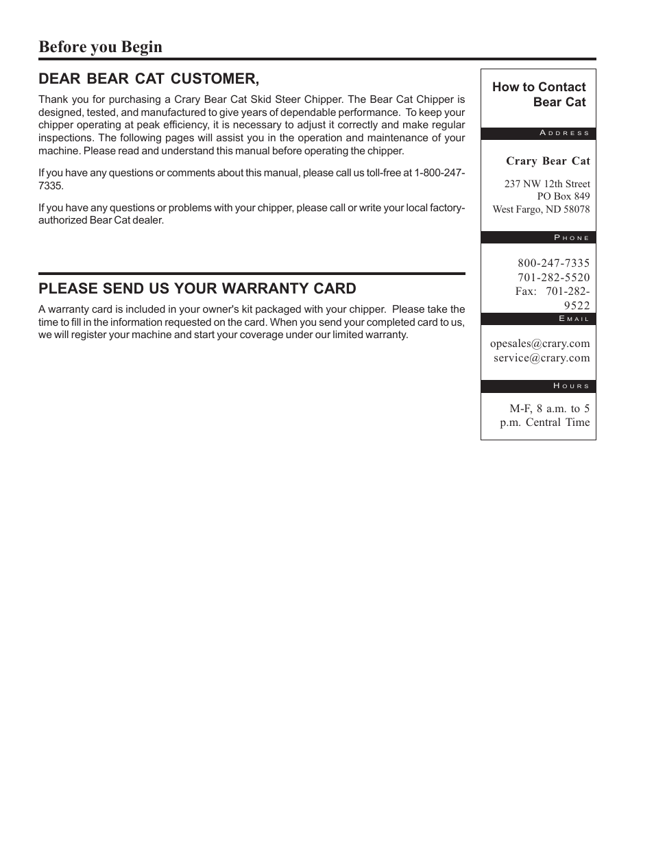 Before you begin, Dear bear cat customer, Please send us your warranty card | Echo 74500 Owners Manual v.2 User Manual | Page 2 / 32