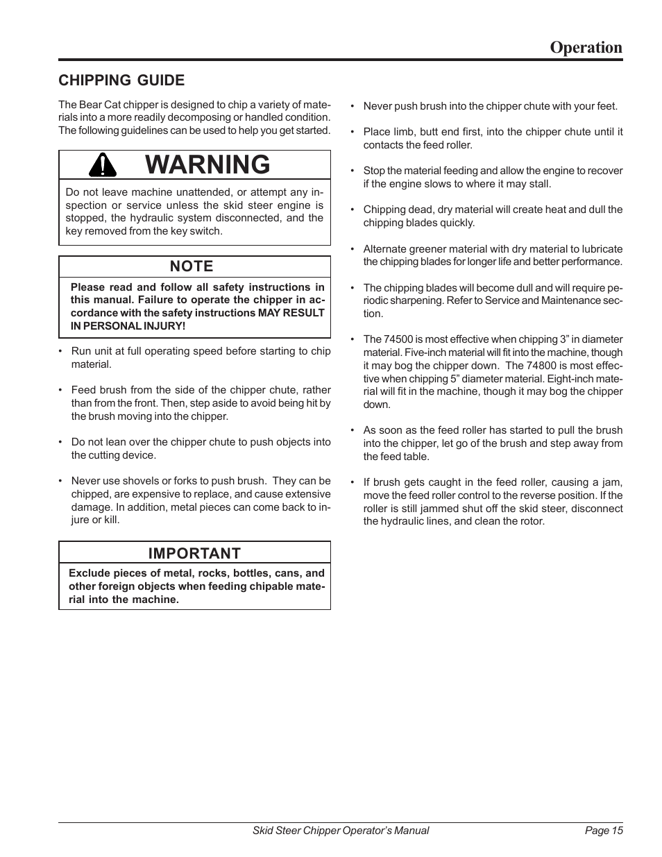 Chipping guide, Warning, Operation | Important | Echo 74500 Owners Manual v.2 User Manual | Page 21 / 32