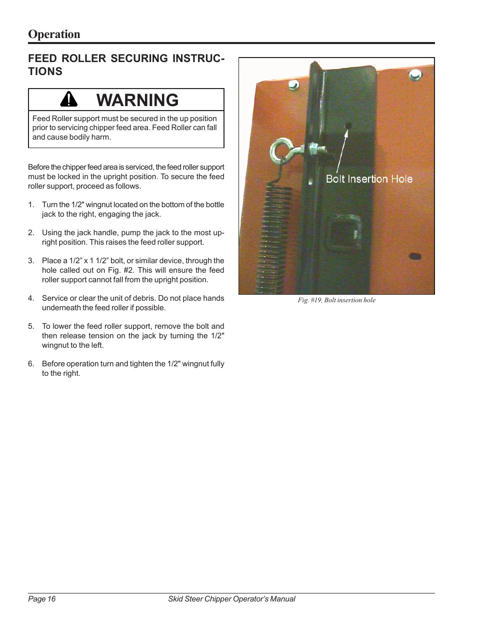 Feed roller securing instructions, Maintenance schedule, Warning | Operation, Feed roller securing instruc- tions | Echo 74500 Owners Manual v.2 User Manual | Page 22 / 32