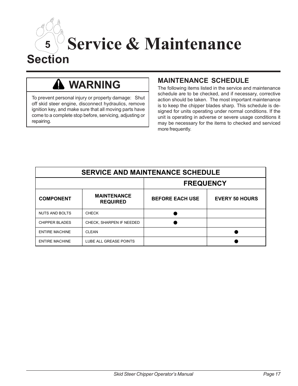 Maintenance schedule, Service & maintenance, Warning | Echo 74500 Owners Manual v.2 User Manual | Page 23 / 32