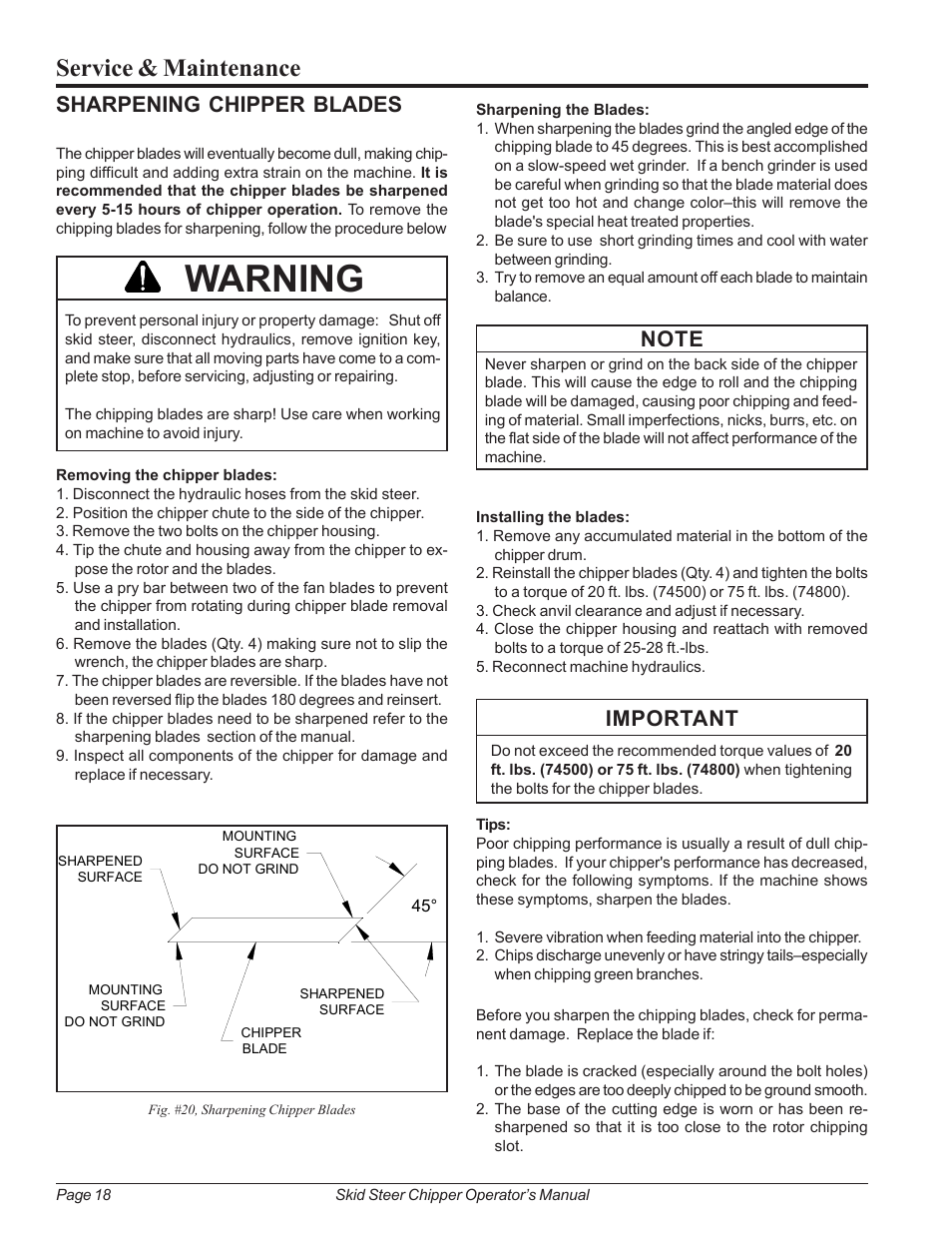 Sharpening chipper blades, Warning, Service & maintenance | Important | Echo 74500 Owners Manual v.2 User Manual | Page 24 / 32