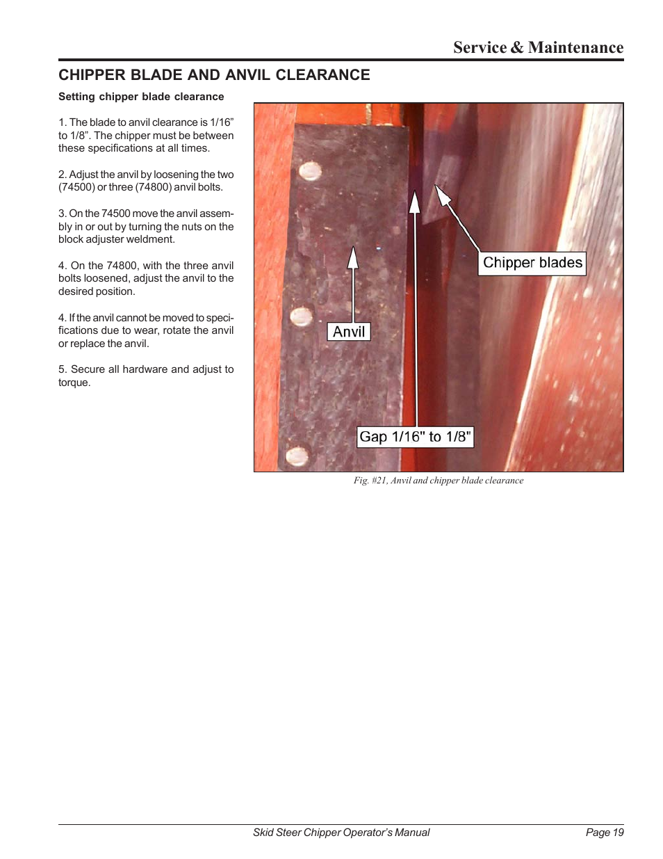 Chipper blade and anvil clearance, Service & maintenance | Echo 74500 Owners Manual v.2 User Manual | Page 25 / 32