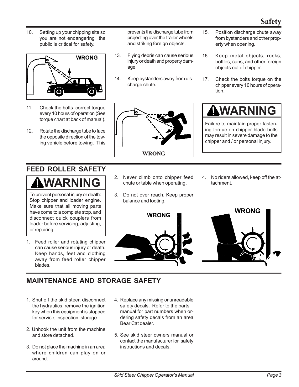 Feed roller safety, Maintenance and storage safety, Warning | Safety | Echo 74500 Owners Manual v.2 User Manual | Page 9 / 32