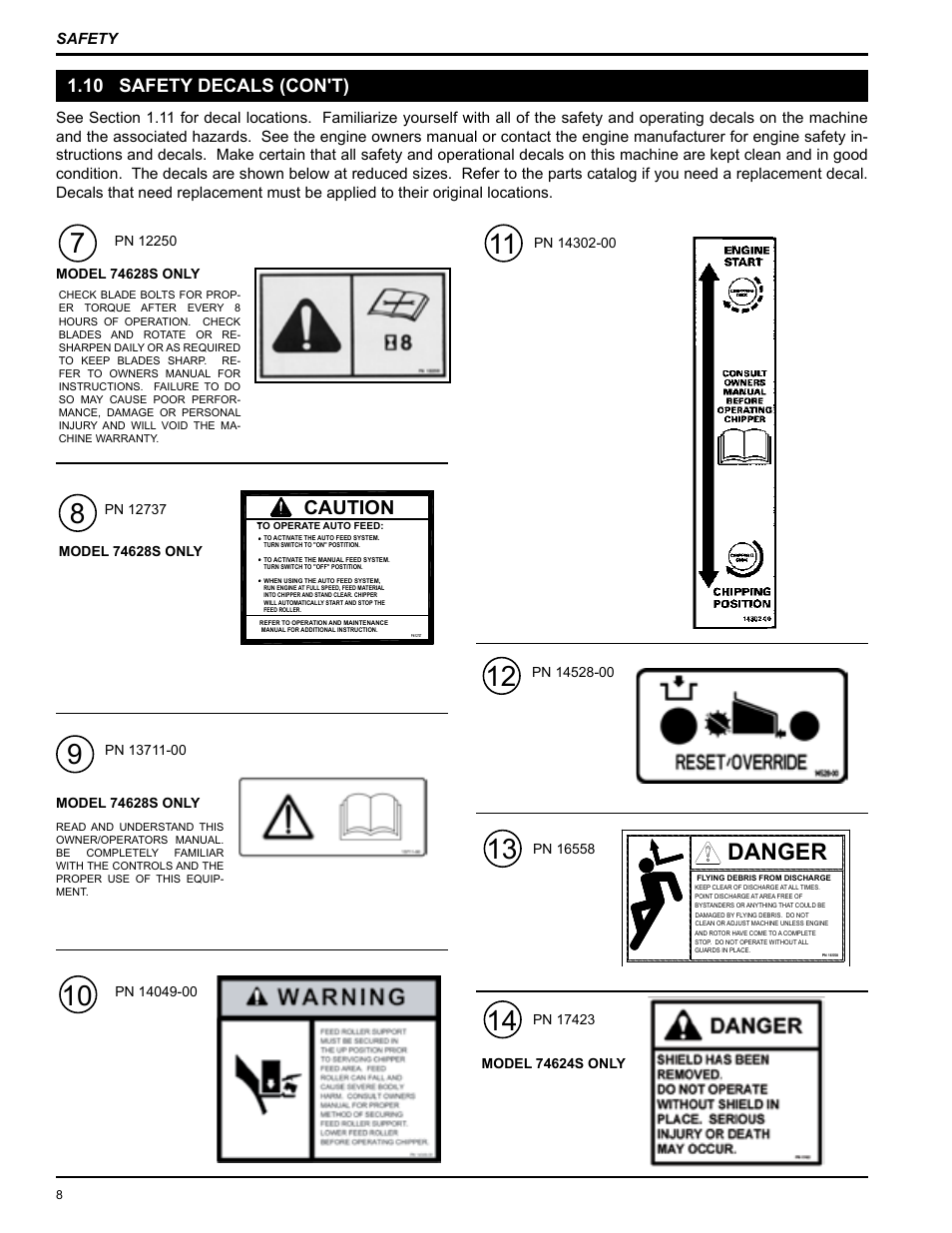 Danger, Caution, 10 safety decals (con't) | Echo 74624S Owners Manual v.2 User Manual | Page 10 / 32