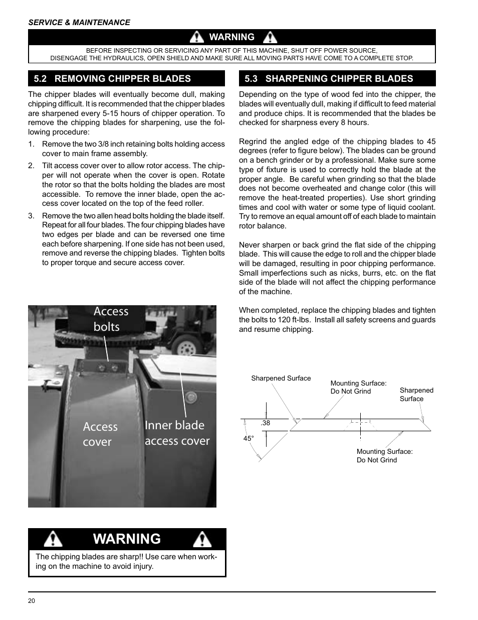 Warning, Inner blade access cover access cover access bolts | Echo 74624S Owners Manual v.2 User Manual | Page 22 / 32